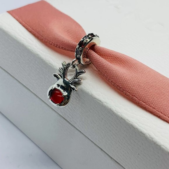 Pandora Red Nose Reindeer Murano Dangle Charm "Let your light shine" Pendant - Picture 5 of 10